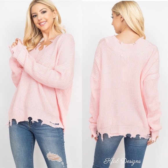 LAST! V Neck Pink Oversized Destroyed Sweater! - Picture 4 of 5